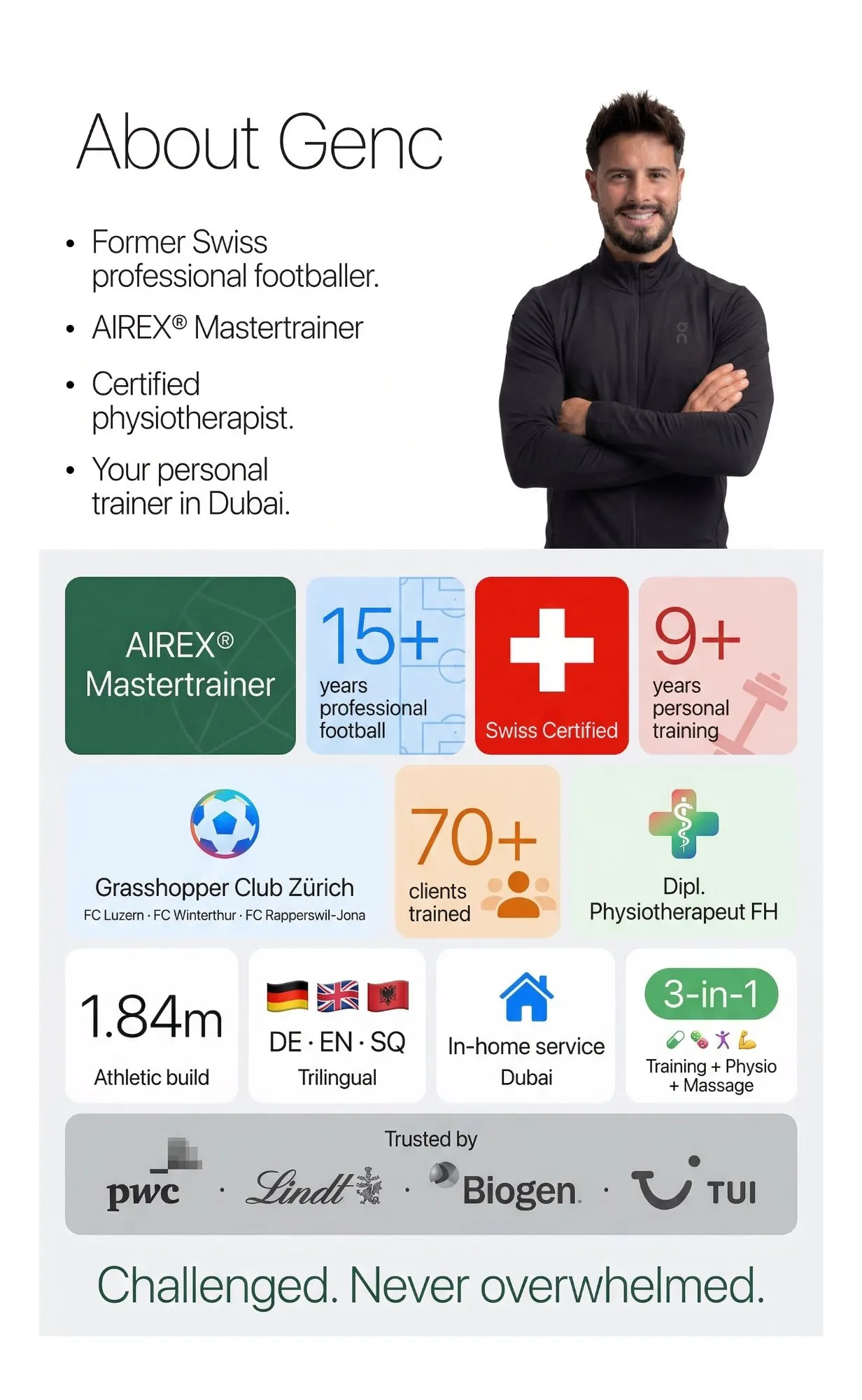 About Genc — Former Swiss professional footballer, AIREX Mastertrainer, certified physiotherapist, personal trainer in Dubai
